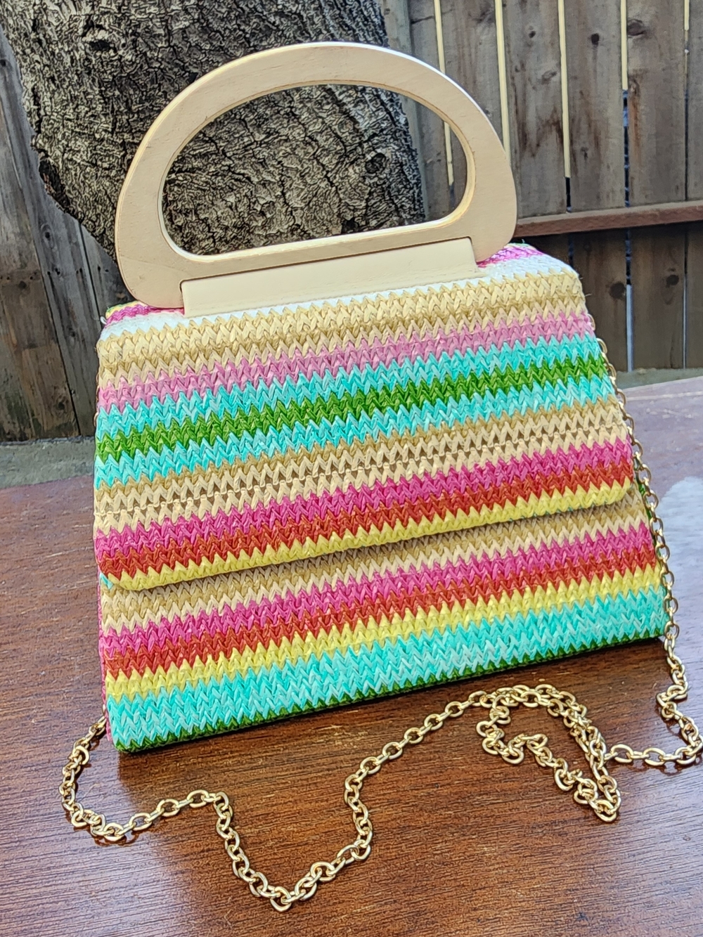Alessia Bianchi Rainbow Woven Straw Clutch Wood Top Handle Crossbody Bag NWOT